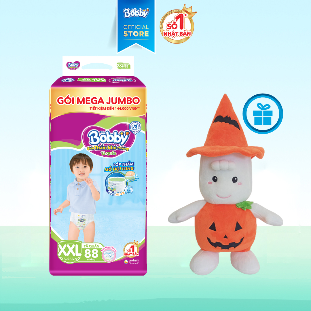 [Tặng 1 Bobby Chan] Tã quần Bobby Mega Jumbo XXL88- Siêu mỏng khô thoáng