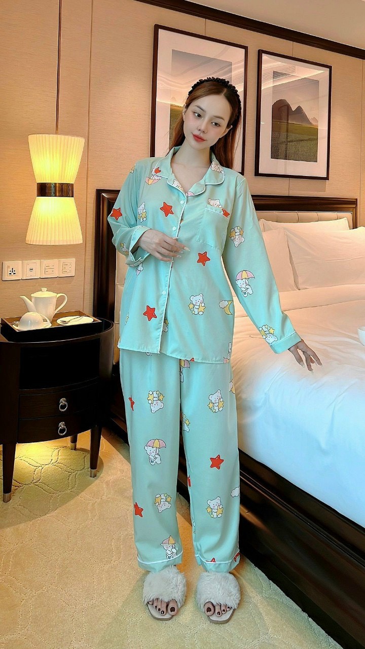 BIGSIZE 60-70KG- Pijama Nữ Tay Dài Vải Lụa Hàn Mềm Mại Hình Ngẫu Nhiên Tương Tự Đúng Màu, Đồ Bộ Mặc Nhà Sau Sinh Nguyên Khánh Store