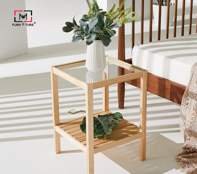 KỆ GỖ MẶT KÍNH TRANG TRÍ HÀN QUỐC MÀU GỖ - GLASS SHELF NATURAL - 순수원목 사이드테이블