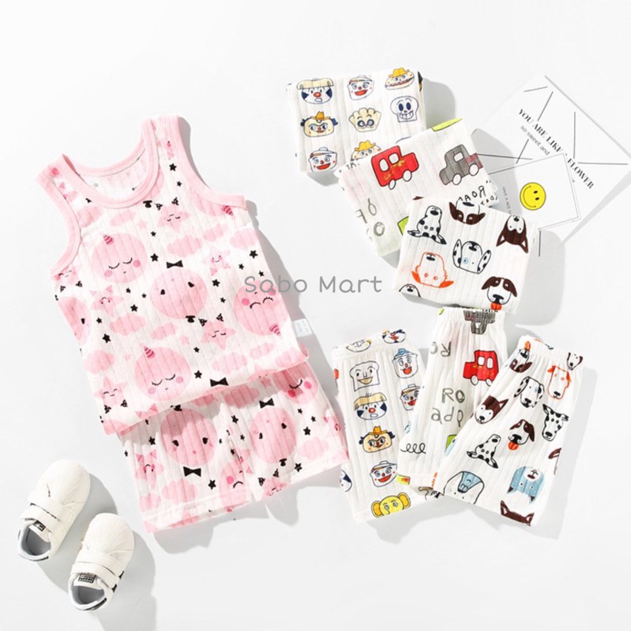 COMBO 5 Bộ Ba Lỗ Cotton Giấy Hoạ Tiết Cho Bé