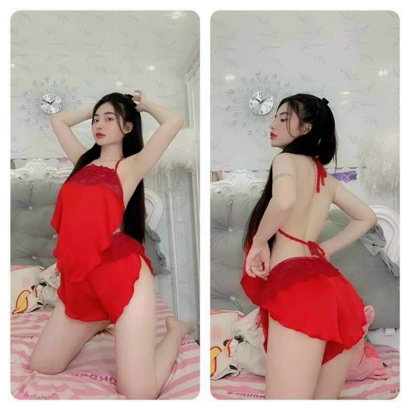 Đồ ngủ yếm phi lụa cổ ren quần xẻ sexy DN0031