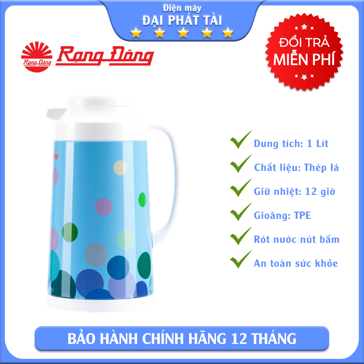 [HCM]Bình Thủy 1 Lít Rạng Đông RD1040 TS (trắng bông)