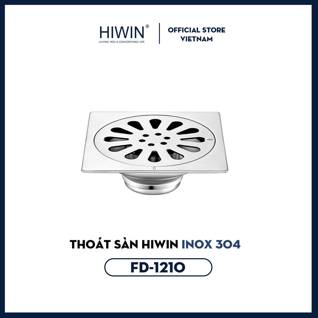 Phễu ga thoát sàn chống mùi hôi inox 304 mặt gương kích thước 100x100mm hiwin fd-1210m
