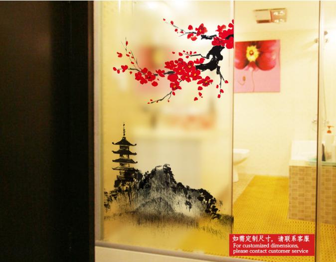 [HCM]Decal Dán Kính Cao Cấp - Tháp Núi và Cành đào đỏ( 60 X116 )-DK1057
