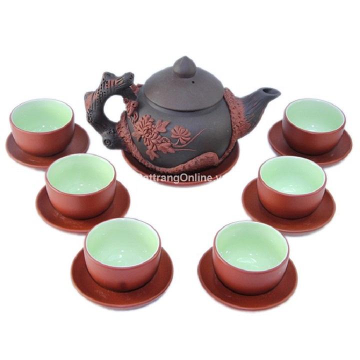 Bộ ấm chén tử sa Bát Tràng quai đắp nổi Cao Cấp
