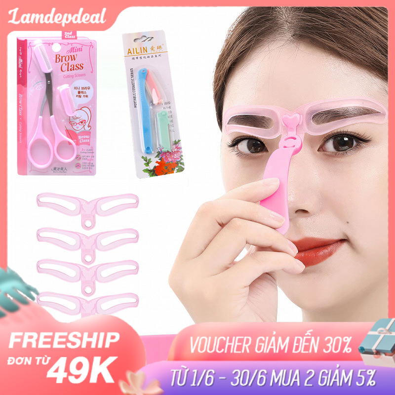 Lamdepdeal - Bộ Phụ Kiện Làm Đẹp Chân Mày Magic Lady 3 món - Bộ 4 khung kẻ chân mày, kéo cắt tỉa chân mày, dao cạo lông mày - Dụng cụ trang điểm. giá rẻ