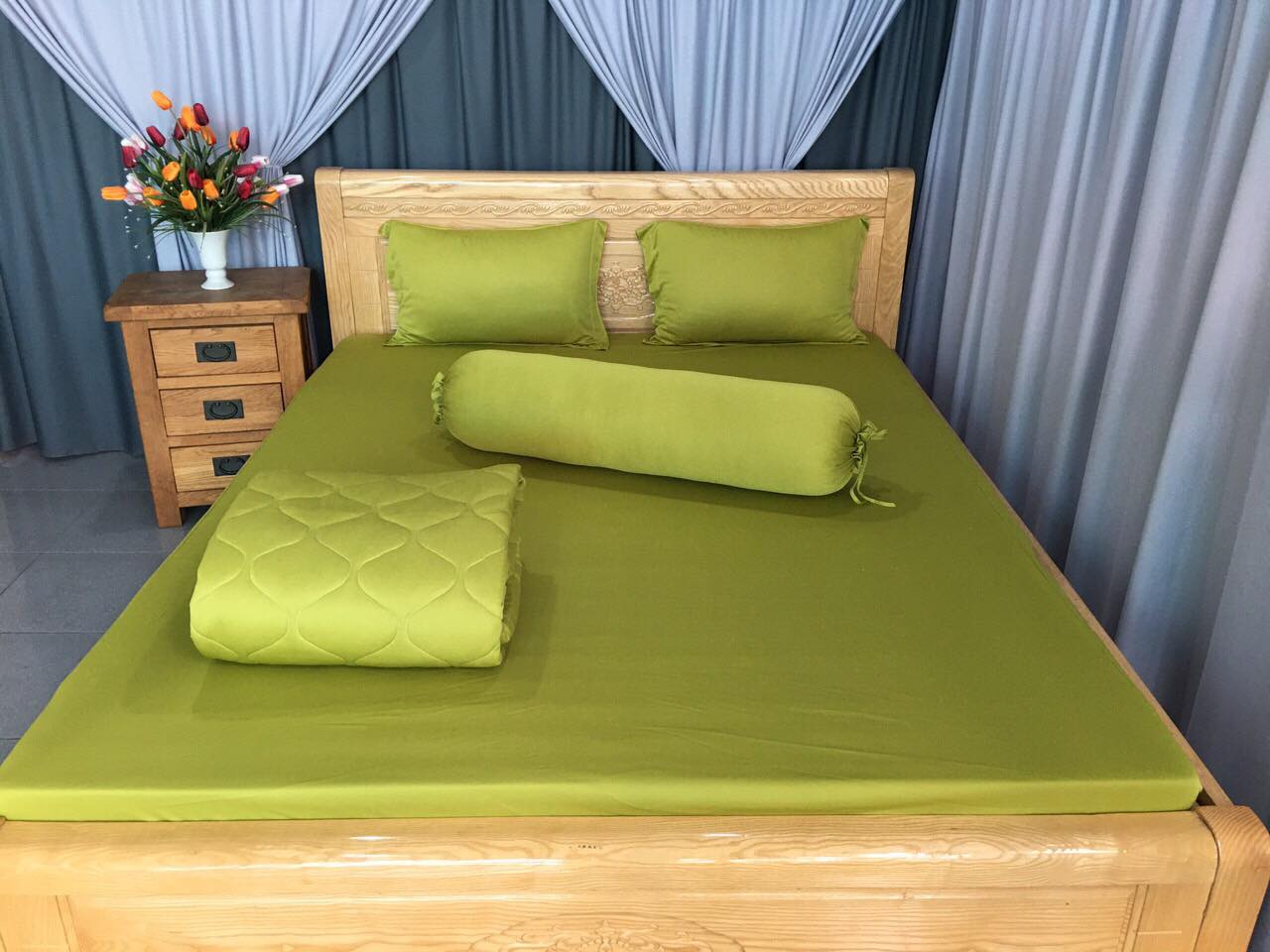 Bộ drap thun hàn 1 màu xanh rau má (1 ga 2 áo nằm 1 áo ôm)