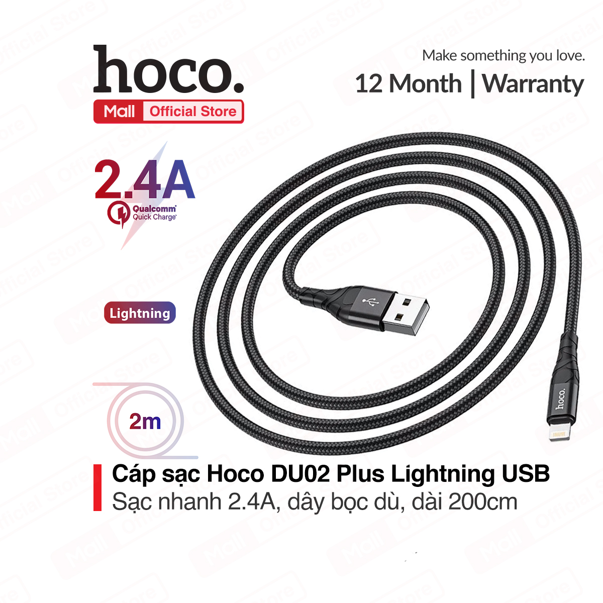 Cáp sạc Hoco DU02 Plus Lightning 2.4A, sạc nhanh cho nhiều dòng iPhone/iPad, dây bện dù chống đứt, dài 2m
