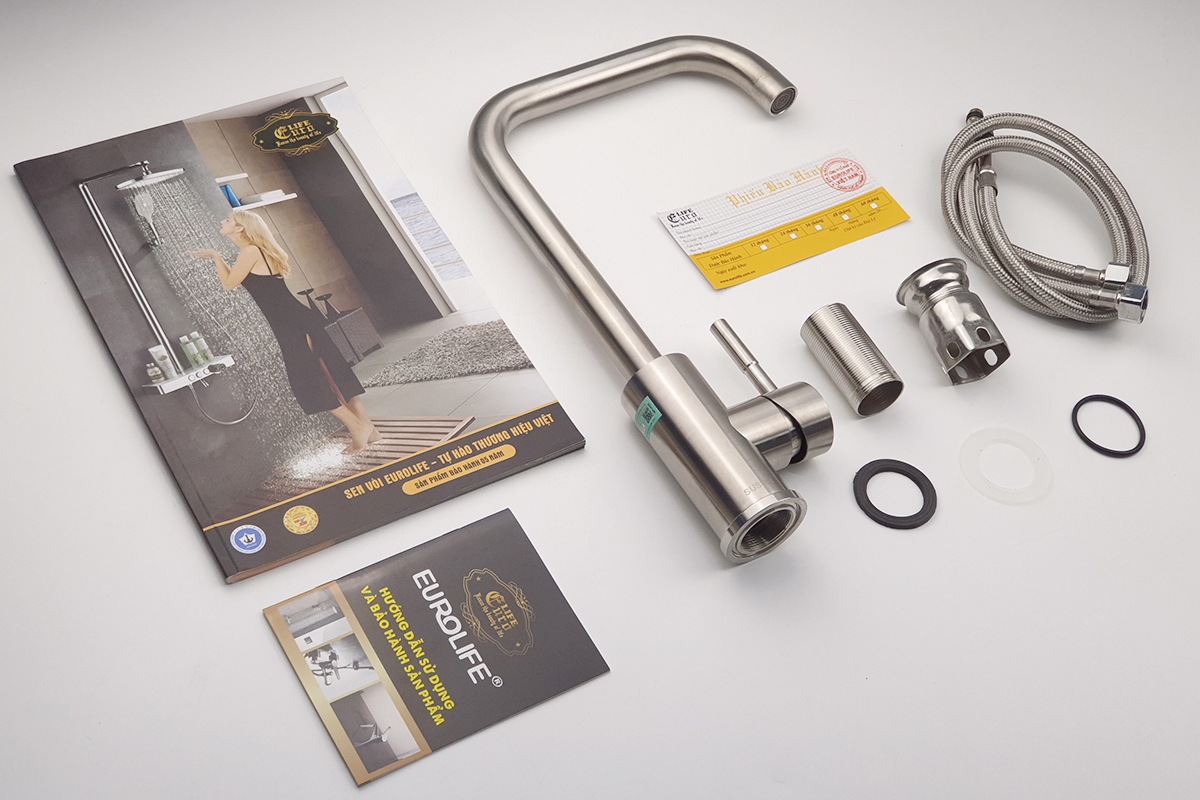 (Có Video) Vòi rửa chén nóng lạnh Inox SUS 304 Eurolife EL-T001 (Trắng vàng)