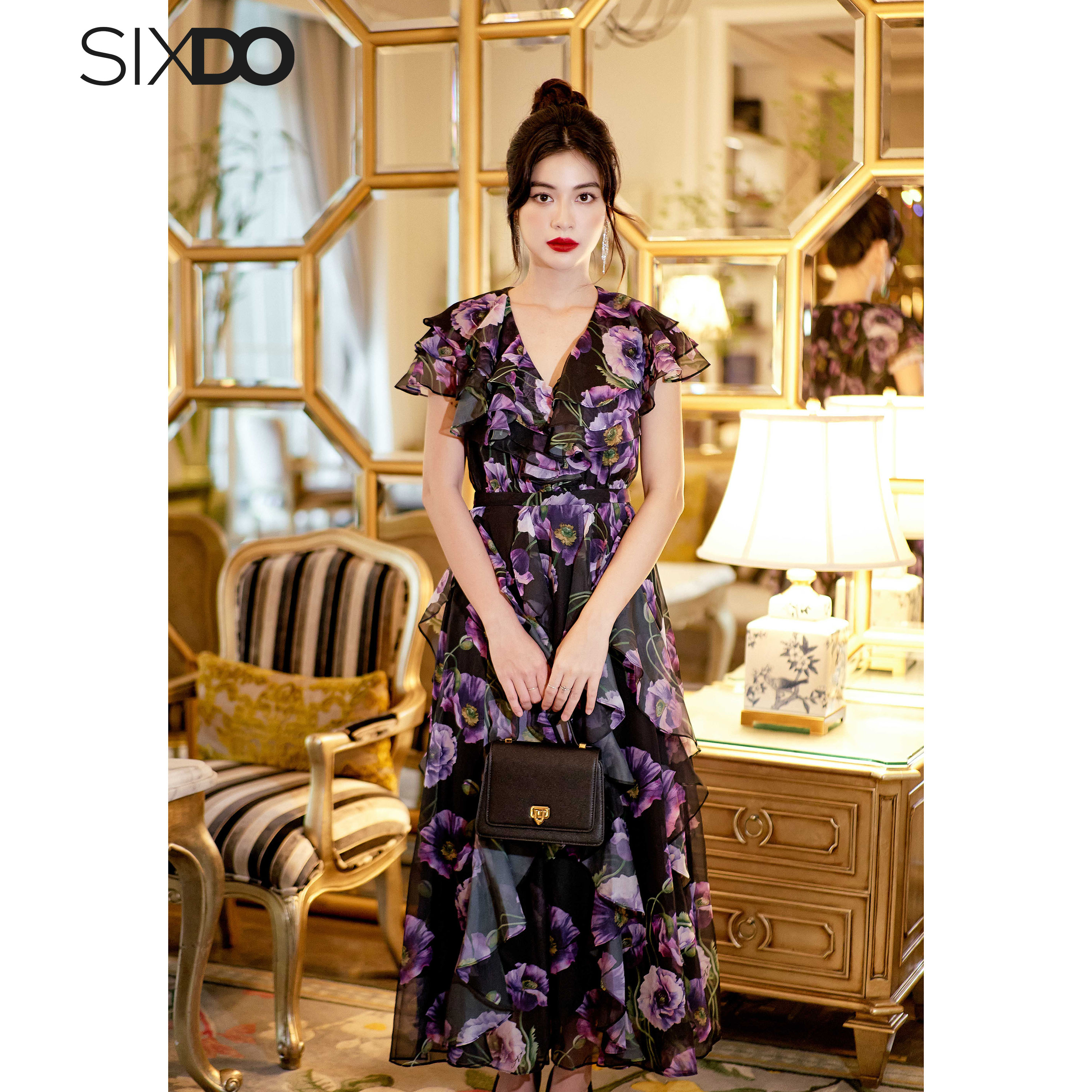 Đầm voan hoa poppy phối bèo cổ V SIXDO (Black Poppy Midi Voile Dress)