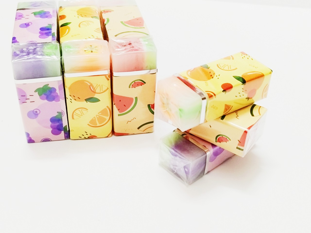 [HCM]Bộ 2 cục Gôm trái cây chữ nhật dày to có hình trong gôm