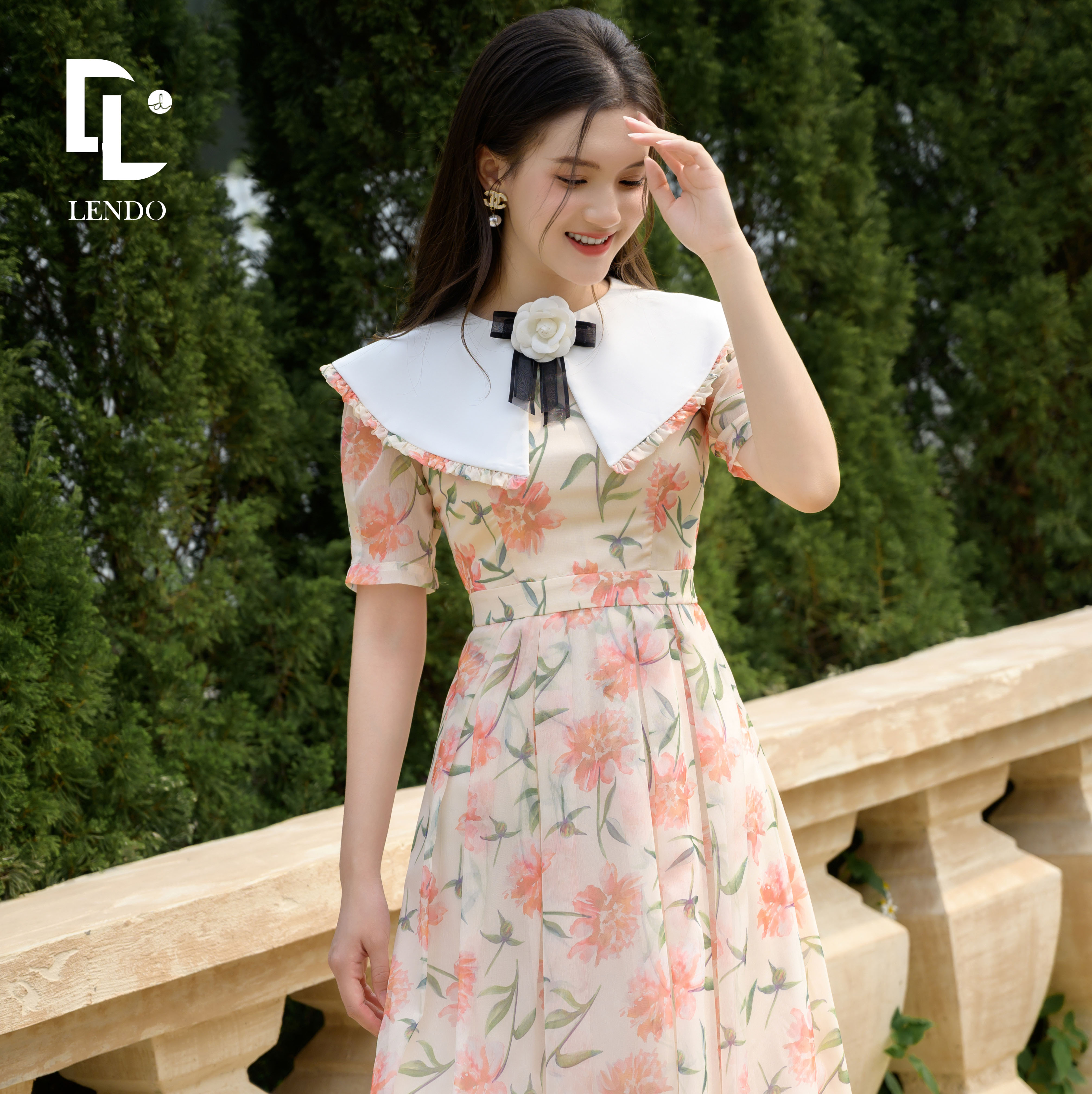 Dress orange flowers neck White effect flower tea Lendo V230234