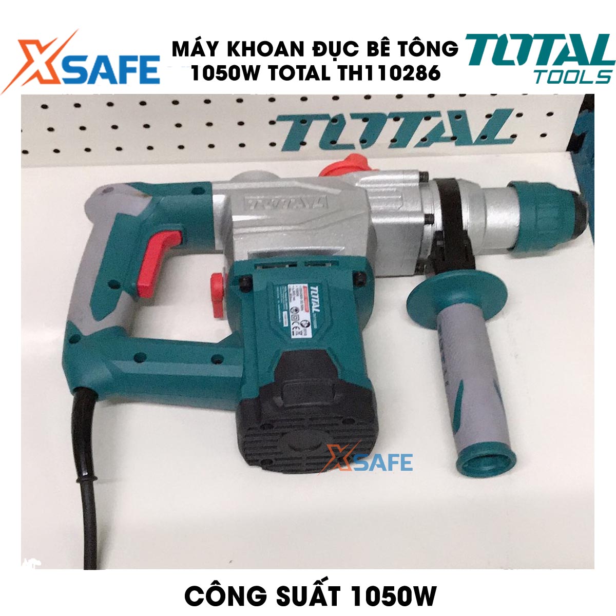 Machine drill chisel concrete 1050W TOTAL TH110286 bundled 3 drill bit Tuck and 2 tip chisel. Machine drill chisel hand have no-load 0 - 900 rpm/min, speed hammer 0 - 4000 times/min, genuine warranty 6 months-product genuine XSAFE
