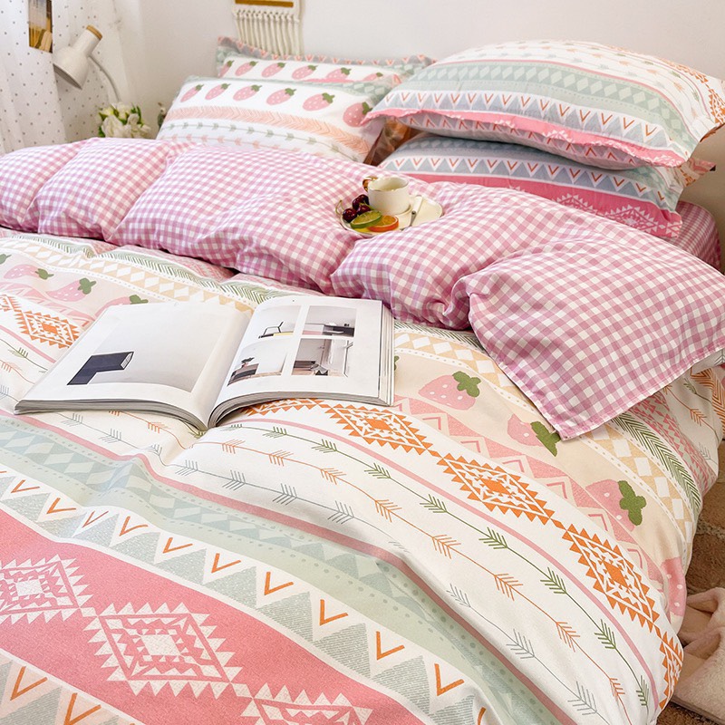 Bộ chăn ga gối cotton poly - Mẫu Thổ cẩm hồng
