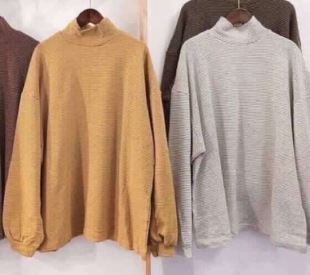 [HCM]Áo Cổ Lọ Nữ Tay Dài Phối Kẻ Thời Trang