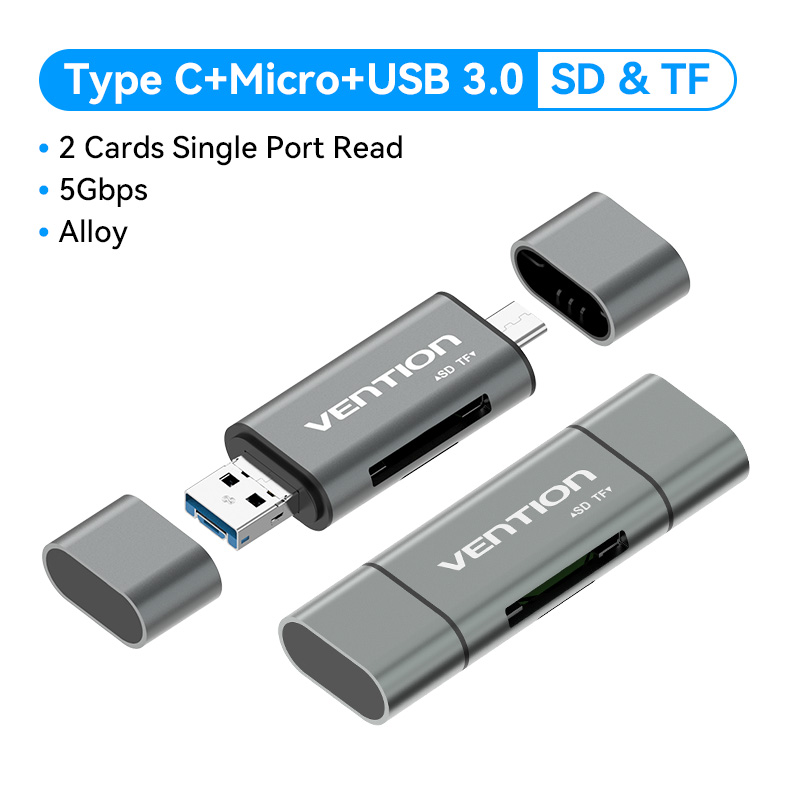 Vention USB 3.0 3 Trong 1 Đầu đọc thẻ nhớ type c USB A Type C sang TF Micro SD Bộ Chuyển Đổi Cho iPhone 16 15 Xiaomi SAMSUNG Huawei MacBook Laptop All in One OTG Memory Card Reader