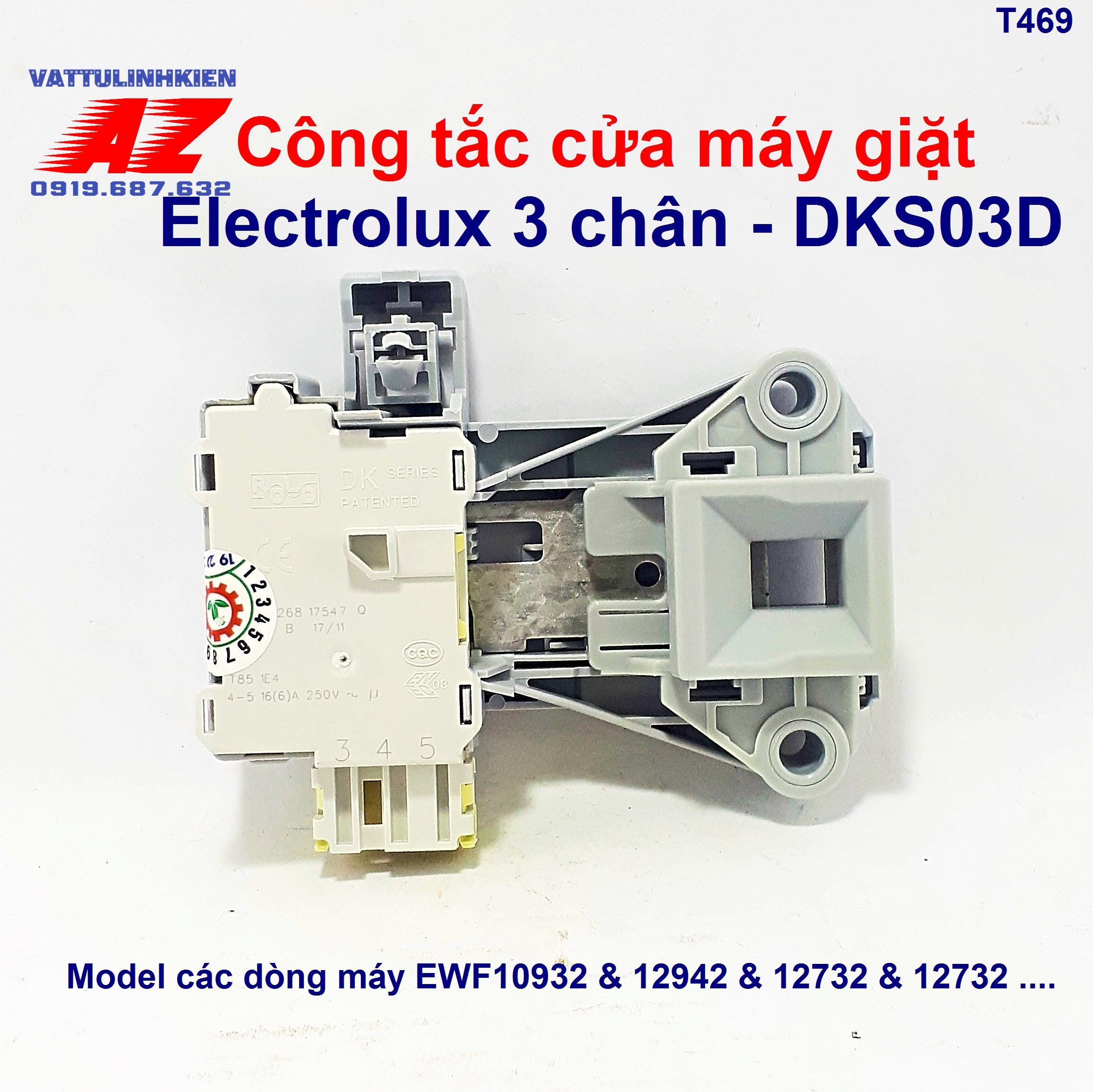 Khóa cửa dks03d 3 chân thay thế cho máy giặt electrolux cửa ngang hãng