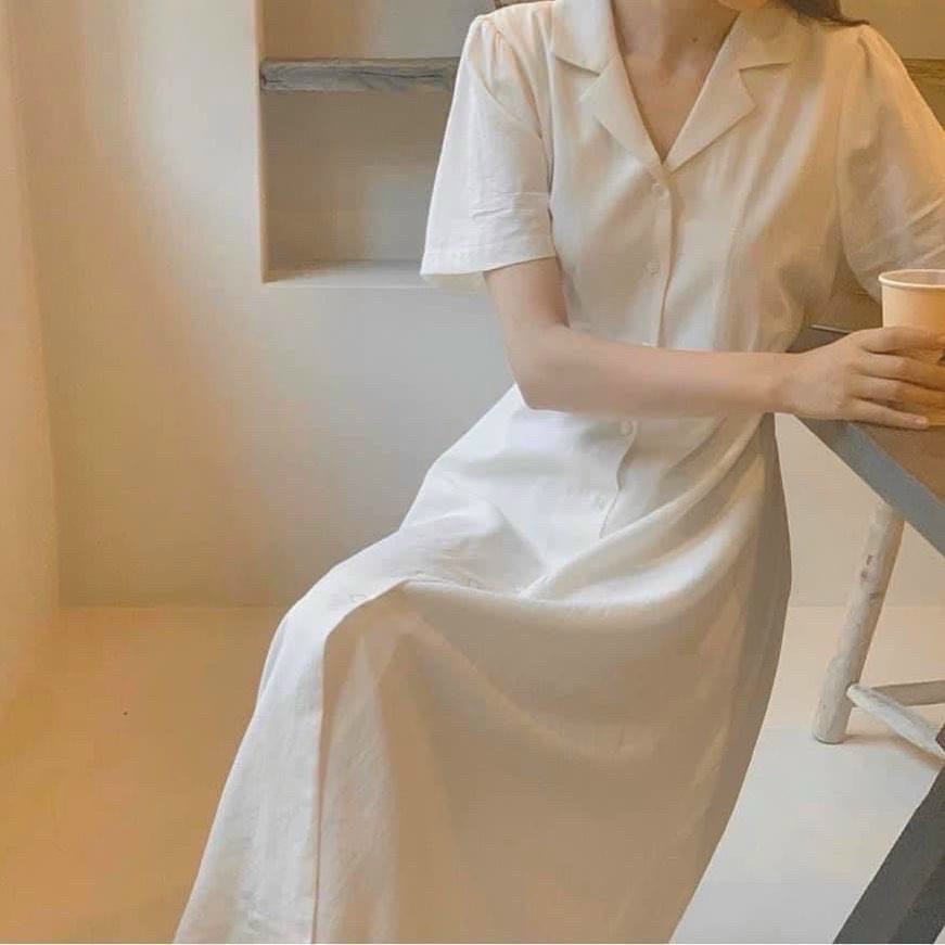 Đầm cổ sơ mi trắng nút trước
