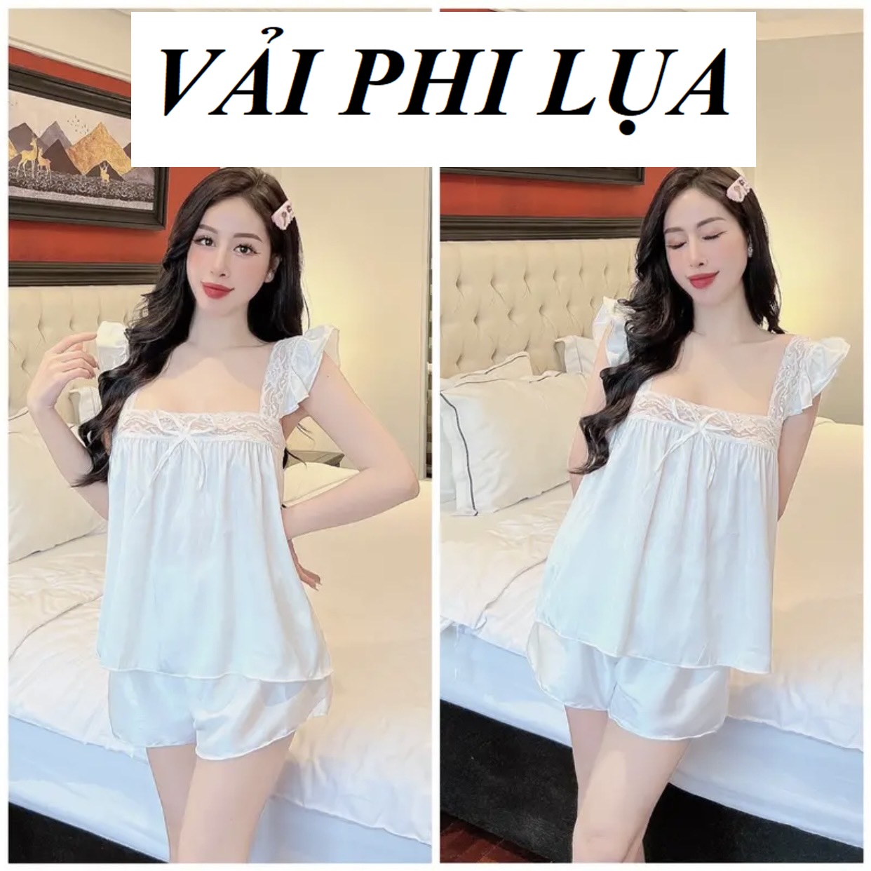 Đồ bộ đùi nữ mặc nhà kiểu tiểu thư phối ren vải phi lụa mềm dưới 60kg