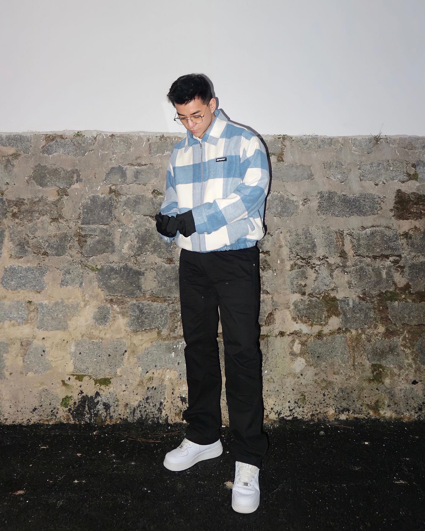 RIPOFFF Checked Zip Jacket - Blue White (Áo khoác tay dài dây kéo vải Wool sọc trắng xanh)