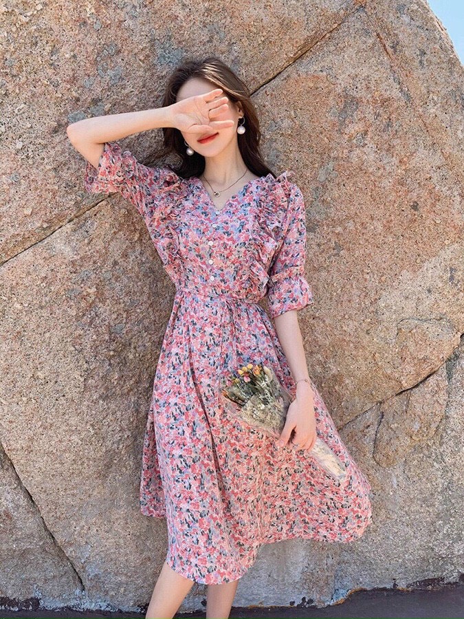 [HCM]Đầm hoa phong cách Hàn Quốc cổ chữ V đi biển đi chơi dự tiệc dáng váy dài chất liệu thoải mái