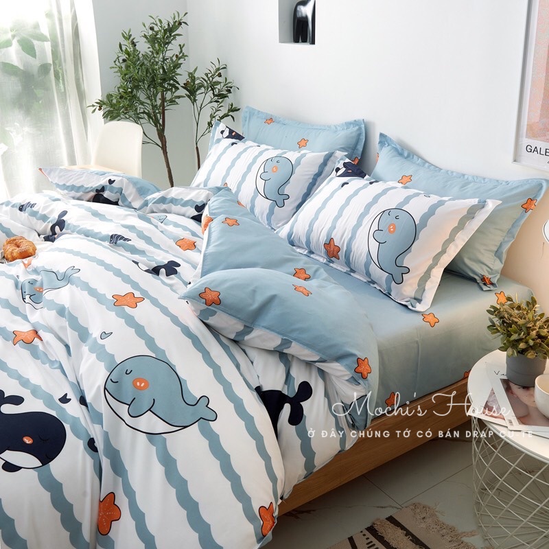 [VẢI SIÊU ĐẸP] BỘ CHĂN GA GỐI COTON POLY MẪU CÁ VOI SIÊU XINH