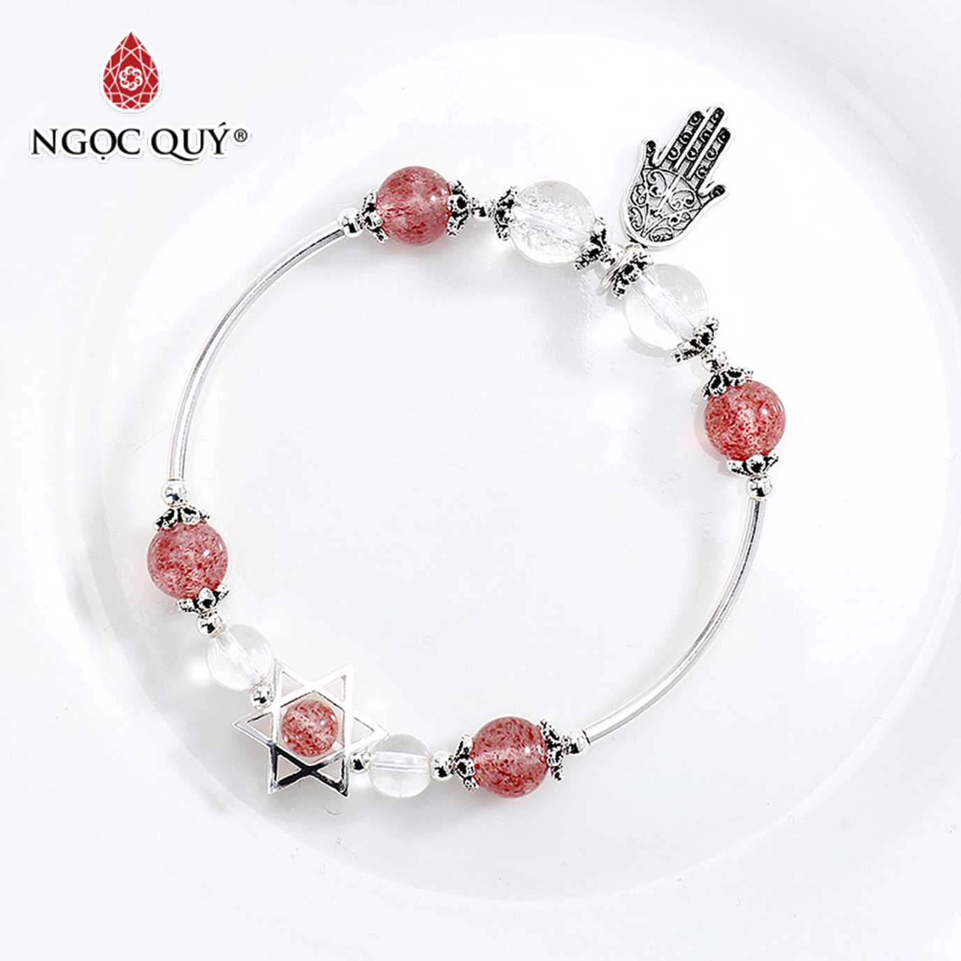 [HCM]Vòng tay đá thạch anh dâu phối charm bàn tay mệnh hỏa thổ - Ngọc Quý Gemstones