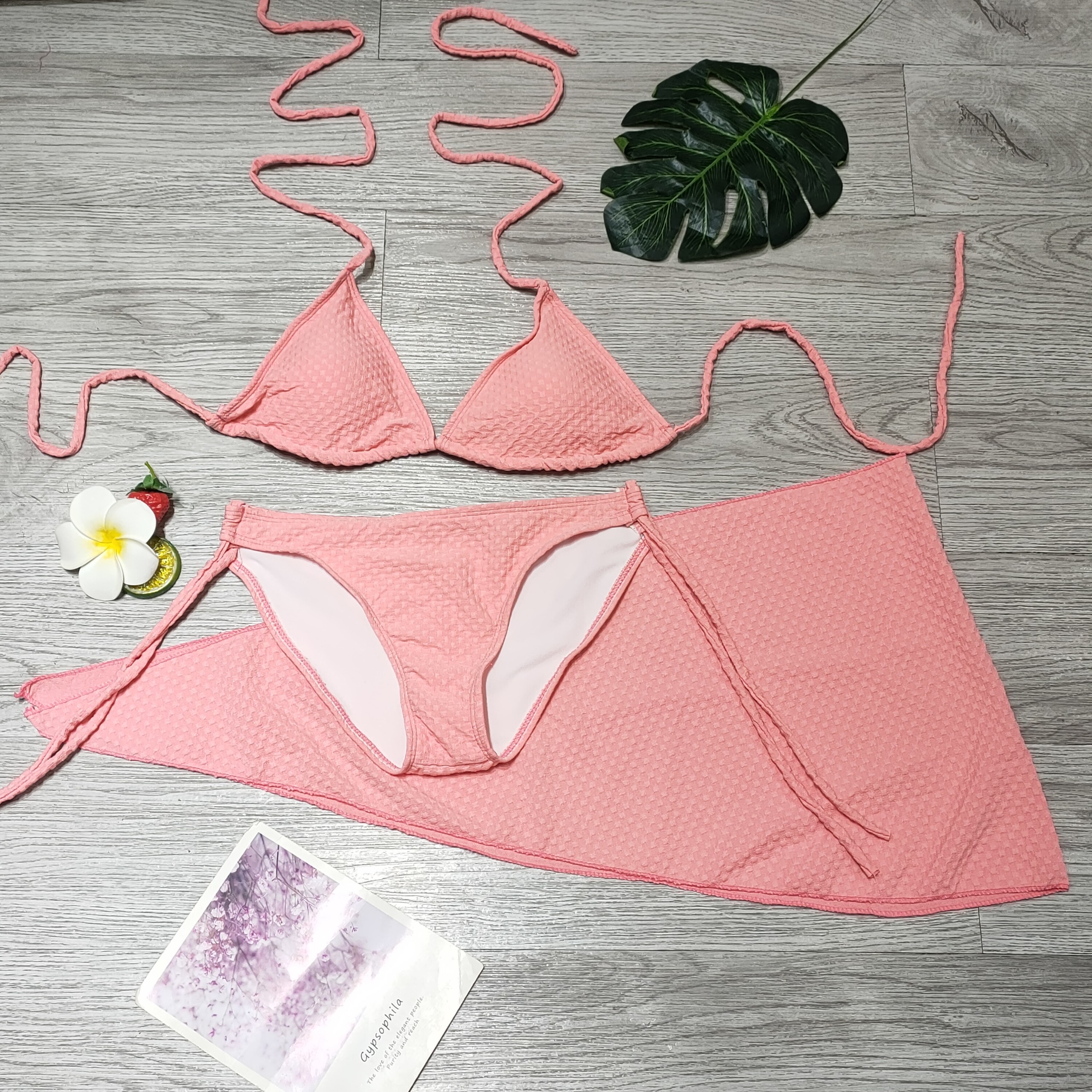 Bikini đồ bơi nữ đi biển set 3 chi tiết áo ngực kèm mút mỏng quần chip kèm khăn quấn chất liệu vải xốp BINSPORTS BHV225