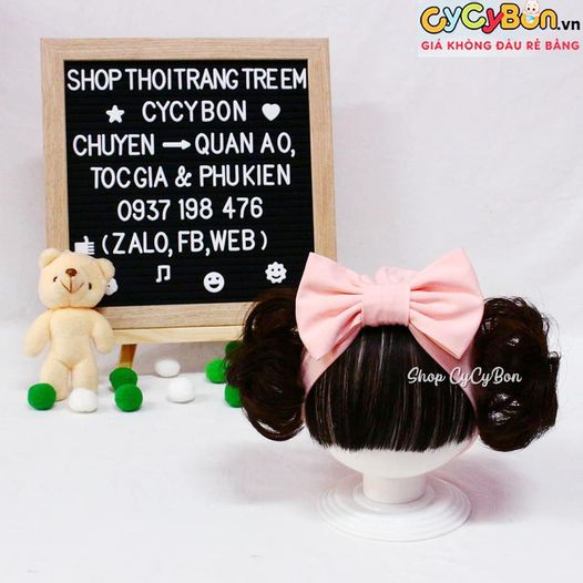 Nón turban tóc giả cho bé gái hồng da nơ kèm tóc mái ngang và búi 2 bên