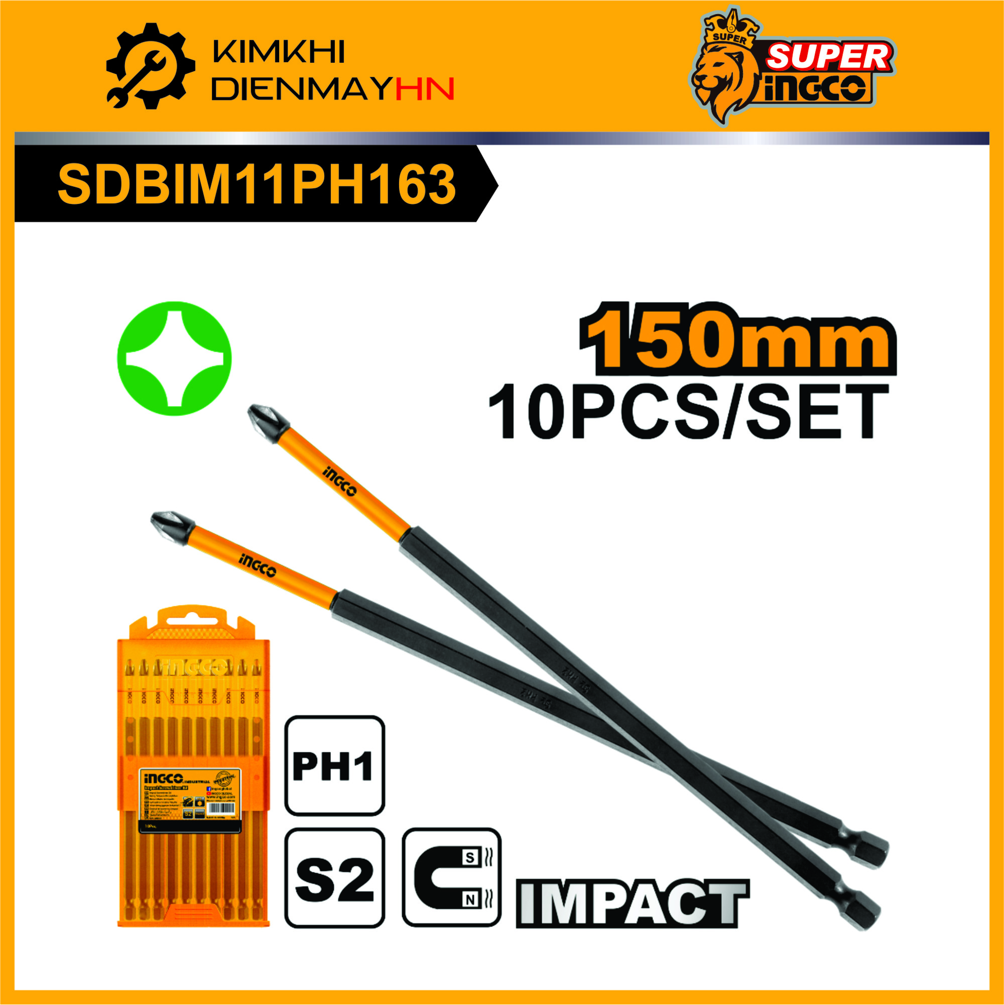 Mũi vít đầu bắn bake 4 cạnh hình chữ thập dài 150mm ph1 đuôi lục giác ingco sdbim11ph163
