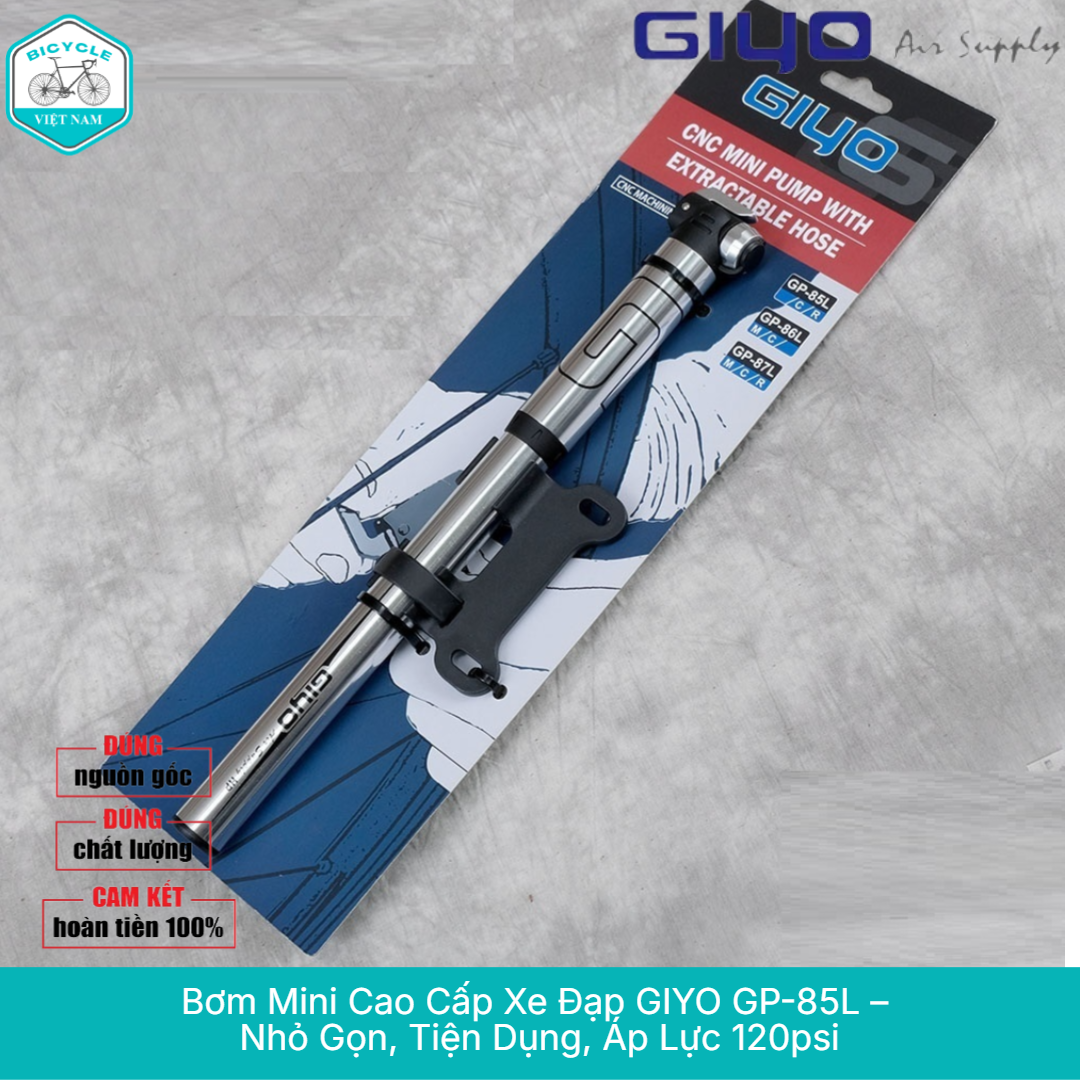 High Quality Mini Bicycle Pump Giyo Gp 85L – Cnc Aluminum Alloy, Pressure 120 Psi, Extendable Cord, Genuine