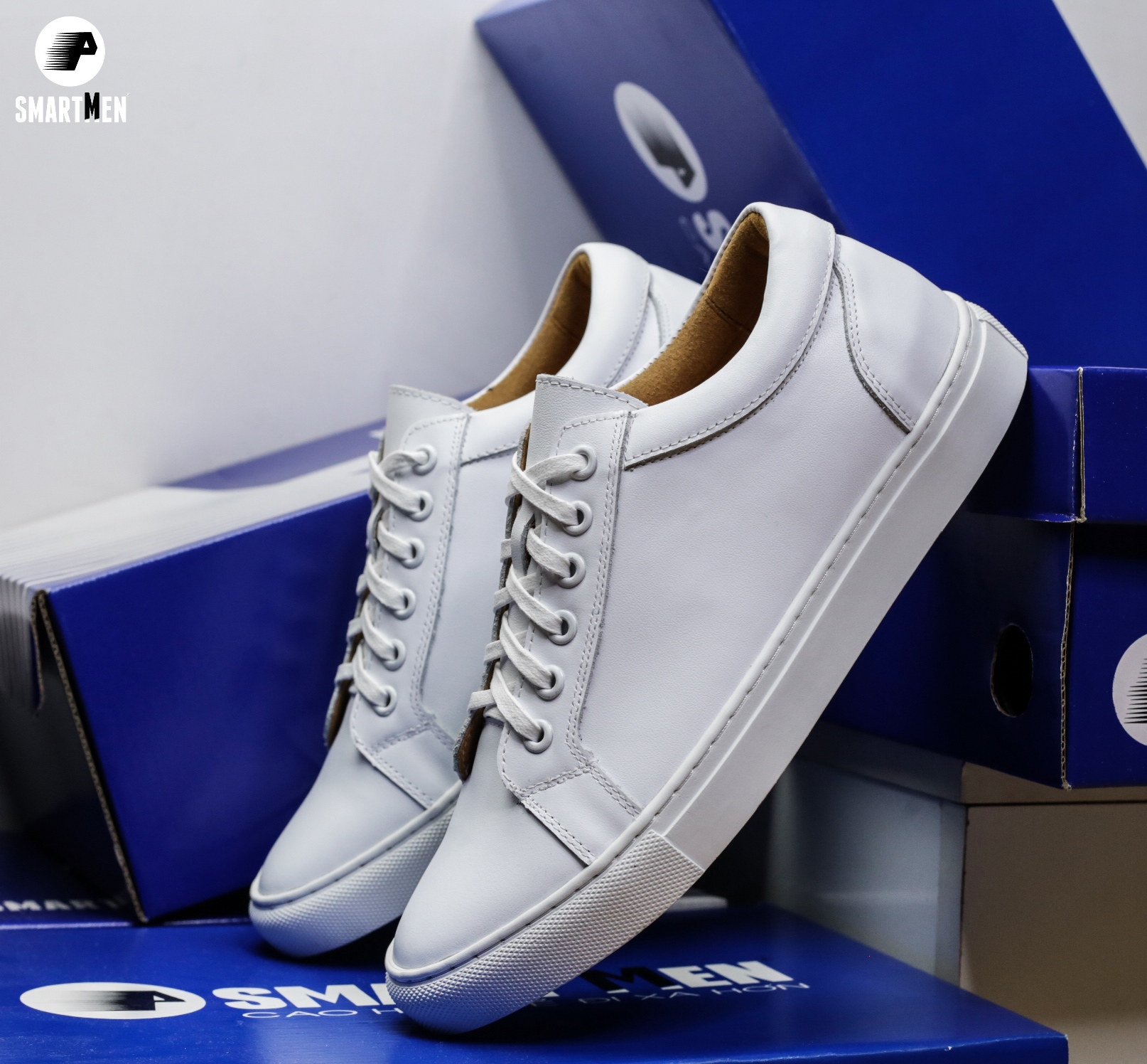 Giày Sneaker Da bò Tăng chiều cao SMARTMEN GD1-06 Trắng