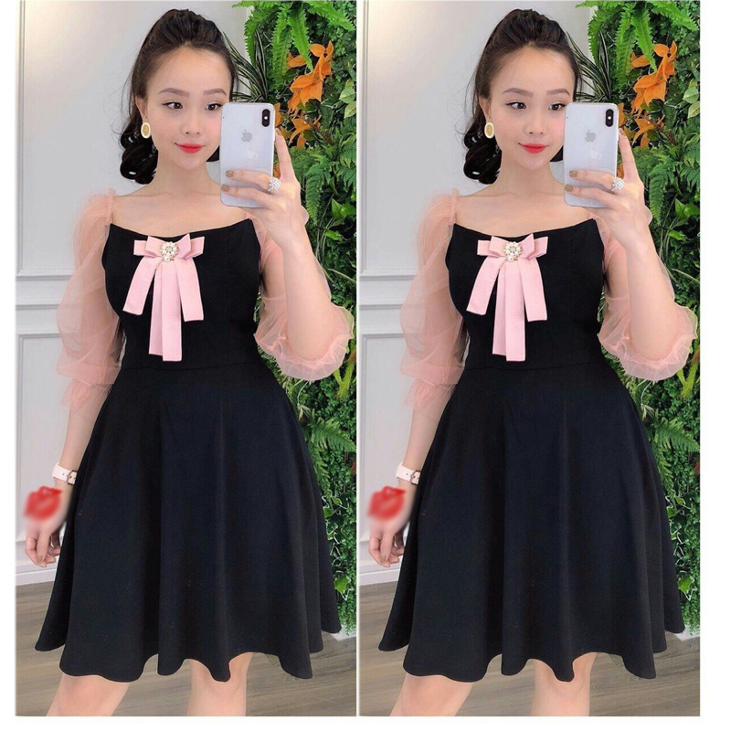 [HCM]Đầm  Nữ  Xòe Phối Nơ Ngực Cổ Vuông  Tt Đ36
