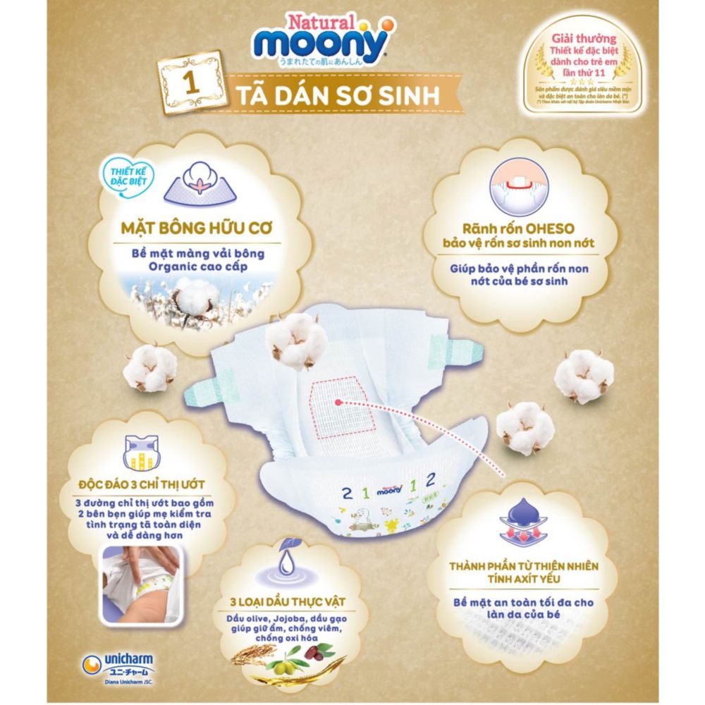 Tã Bỉm dán Moony Natural siêu cao cấp NB63/S58/M46