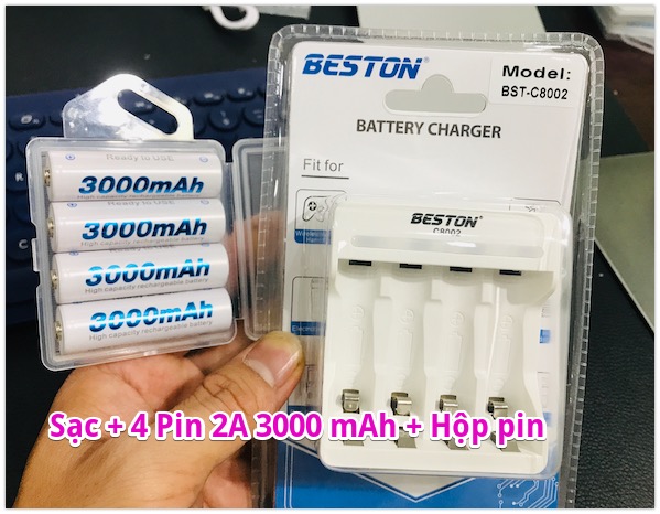 Beston Combo 4 Viên Pin Aa 3000mah + Sạc, Dùng Cho Điều Khiển, Micro Không Dây, Đồng Hồ