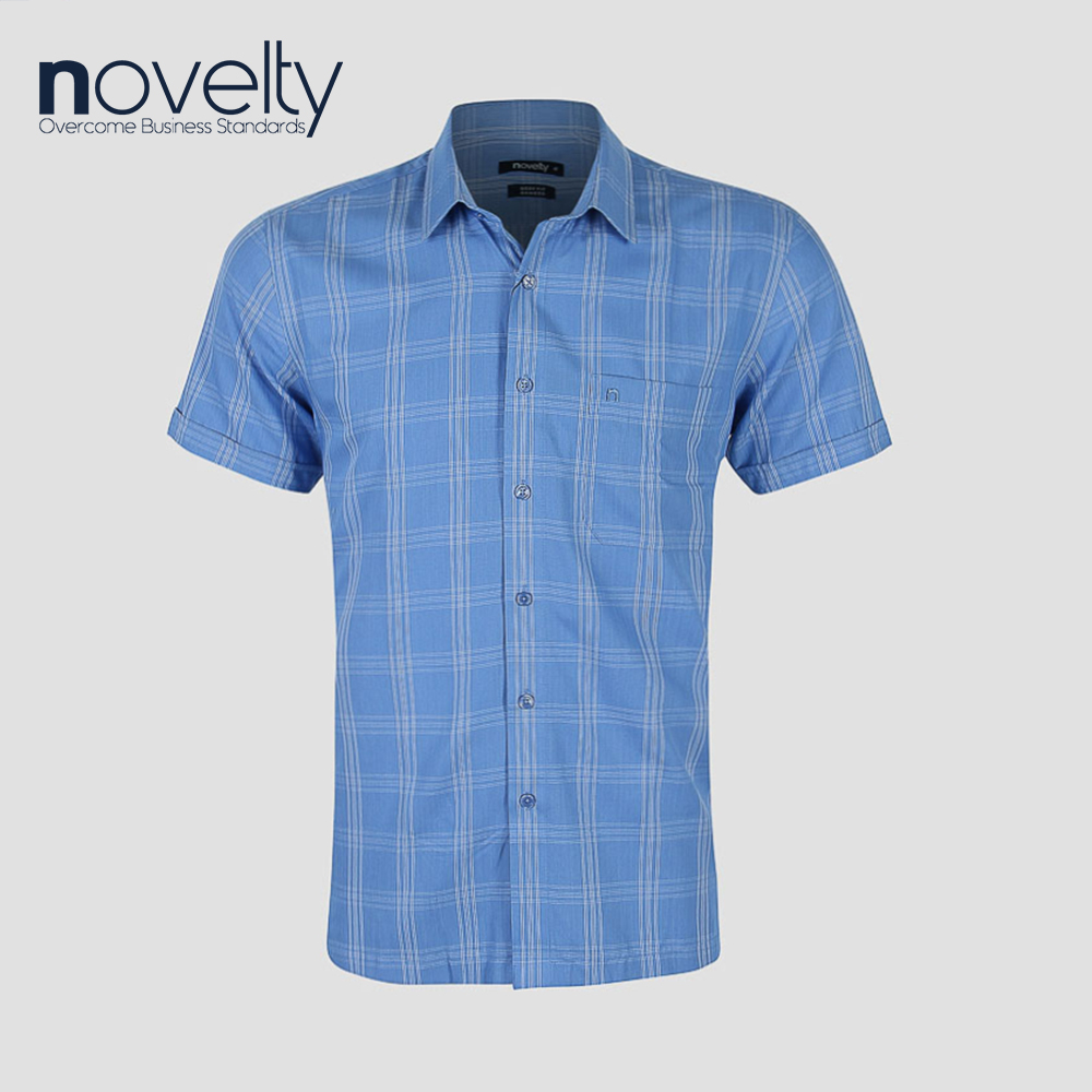Áo sơ mi nam ngắn tay novelty xanh dương sọc caro 200175n