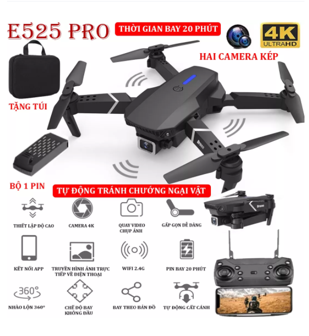 Flycam E88 2022 - camera 4K giá rẻ mắt quang - túi đựng