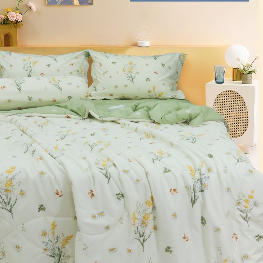 Bộ 5 món drap, áo gối kèm mền Stefani - ST200050 - Bộ chăn ga gối cotton 1m6x2m, 1m8x2m