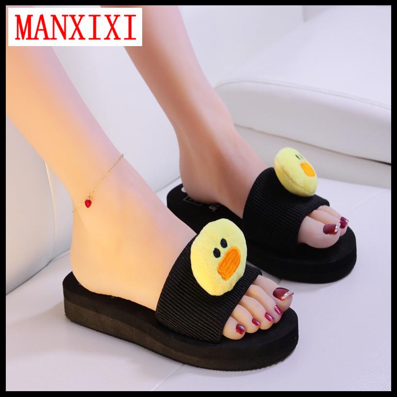 MANXIXI Brand Beautiful Flat Slippers 1.18 Inches Wedge Sandals Chick Rabbit Bear Inlay Rubber Sole Sturdy Black Shoes For Women (34-39 size)