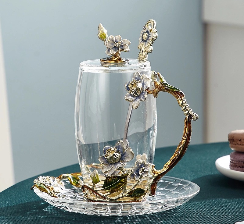 Cốc nước tráng men sang trọng nhẹ/cốc sữa/cốc thủy tinh pha lê chịu nhiệt độ cao trong gia đình/cốc trà hoa/cốc đôi/cốc quà tặng