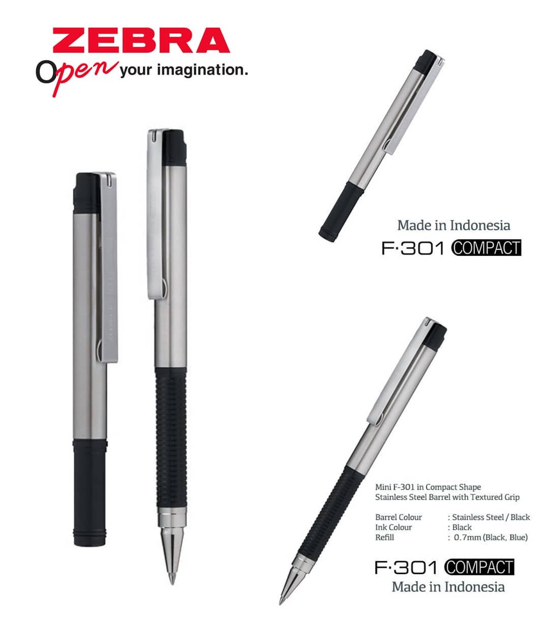 Bút Bi Cao Cấp ZEBRA PEN F.301 Compact 0.7mm – Mực Xanh, Thân Kim Loại Bền Đẹp, Viết Mượt Nét Đậm, Nhẹ 12.3g, Bút Bi Văn Phòng/Ký Tên, Hàng Chính Hãng