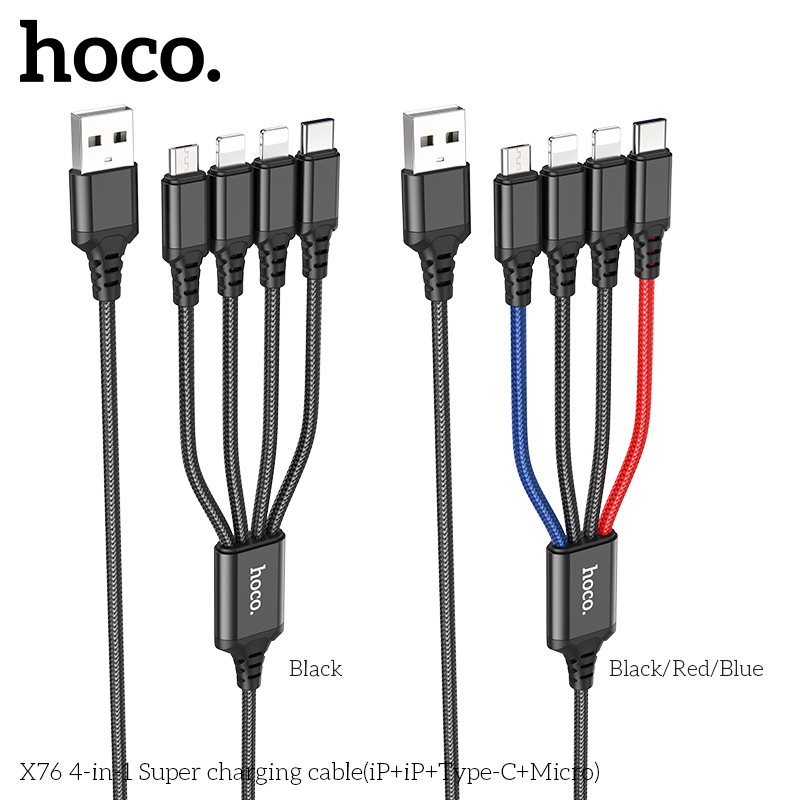 Cáp sạc hoco x76 super 4 trong 1 2.0a cổng ip * 2 + typec + micro dây dài 1m