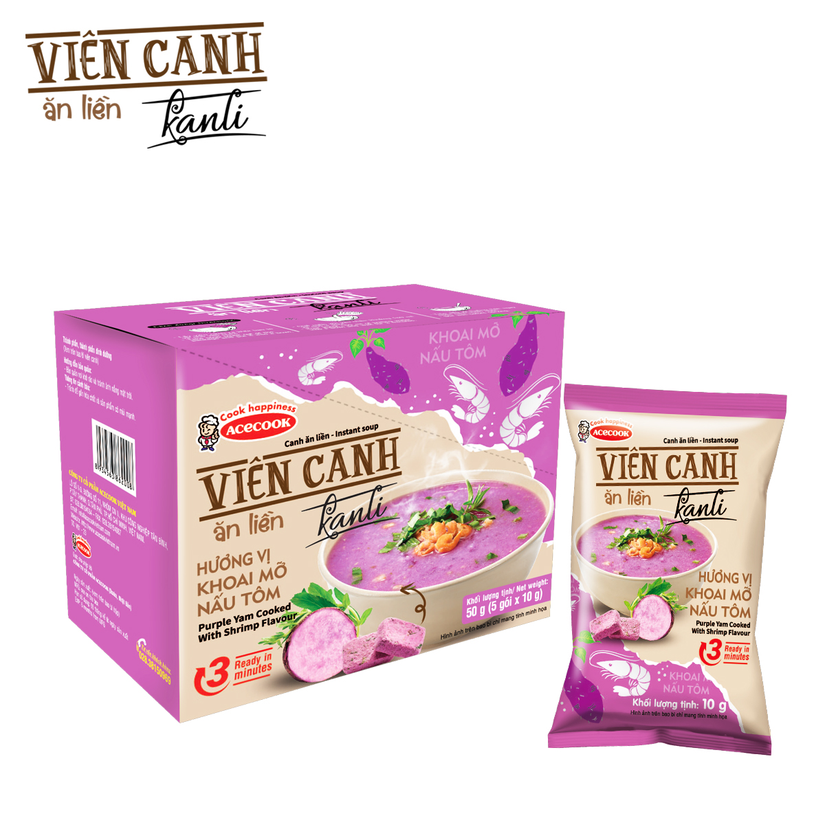 Hộp 5 viên canh ăn liền hương vị khoai mỡ nấu tôm purple yam cooked with shrimp flavour instant soup kanli acecook