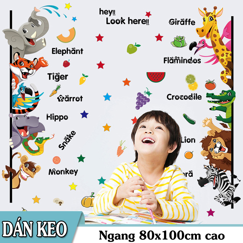 Decal trang trí tường Thú Tiếng Anh kẻ dài