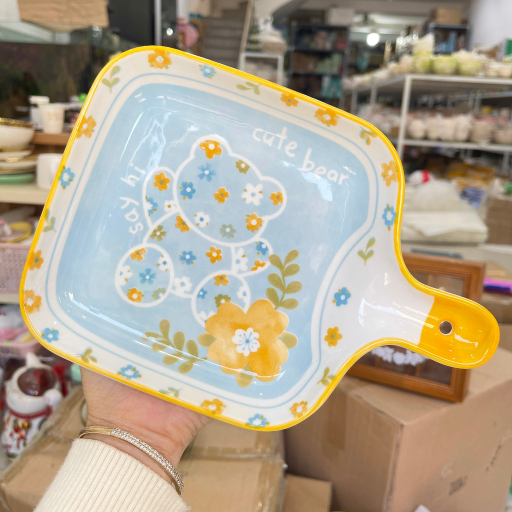 Bộ chén dĩa decor, bát ăn cơm, Chén dĩa dễ thương, Sét bát đĩa hoạ tiết hoa gấu xanh siêu xinh