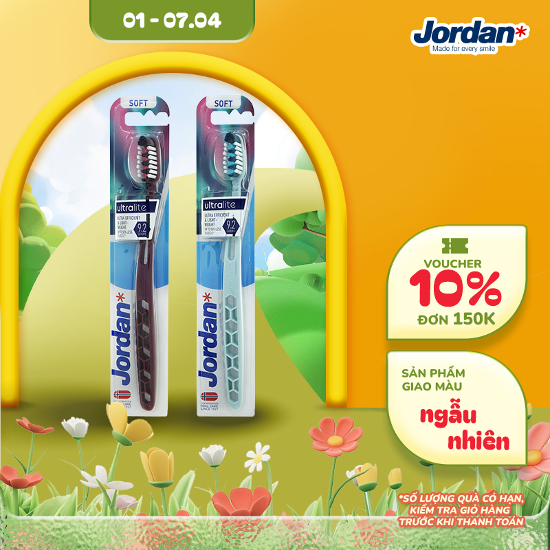 Bộ 2 Bàn chải Jordan Ultralite lông siêu mềm bảo vệ nướu nhạy cảm, xuất xứ Na Uy