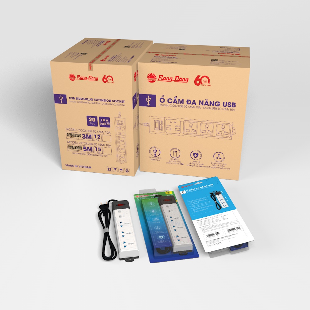 Ổ cắm đa năng USB RẠNG ĐÔNG 3M & 5M Model: OC02.USB 3C/3M/10A