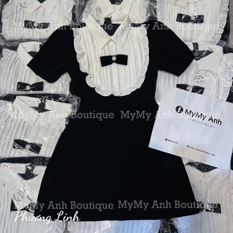 Đầm tiểu thư cổ áo sơ mi thời trang Hàn Quốc dễ thương - váy chữ A phối bèo trắng đính nơ hàng thiết kế cao cấp như hình