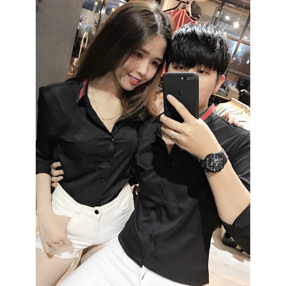 Áo sơ mi đôi nam nữ đen viền cổ chất kate lụa siêu hot