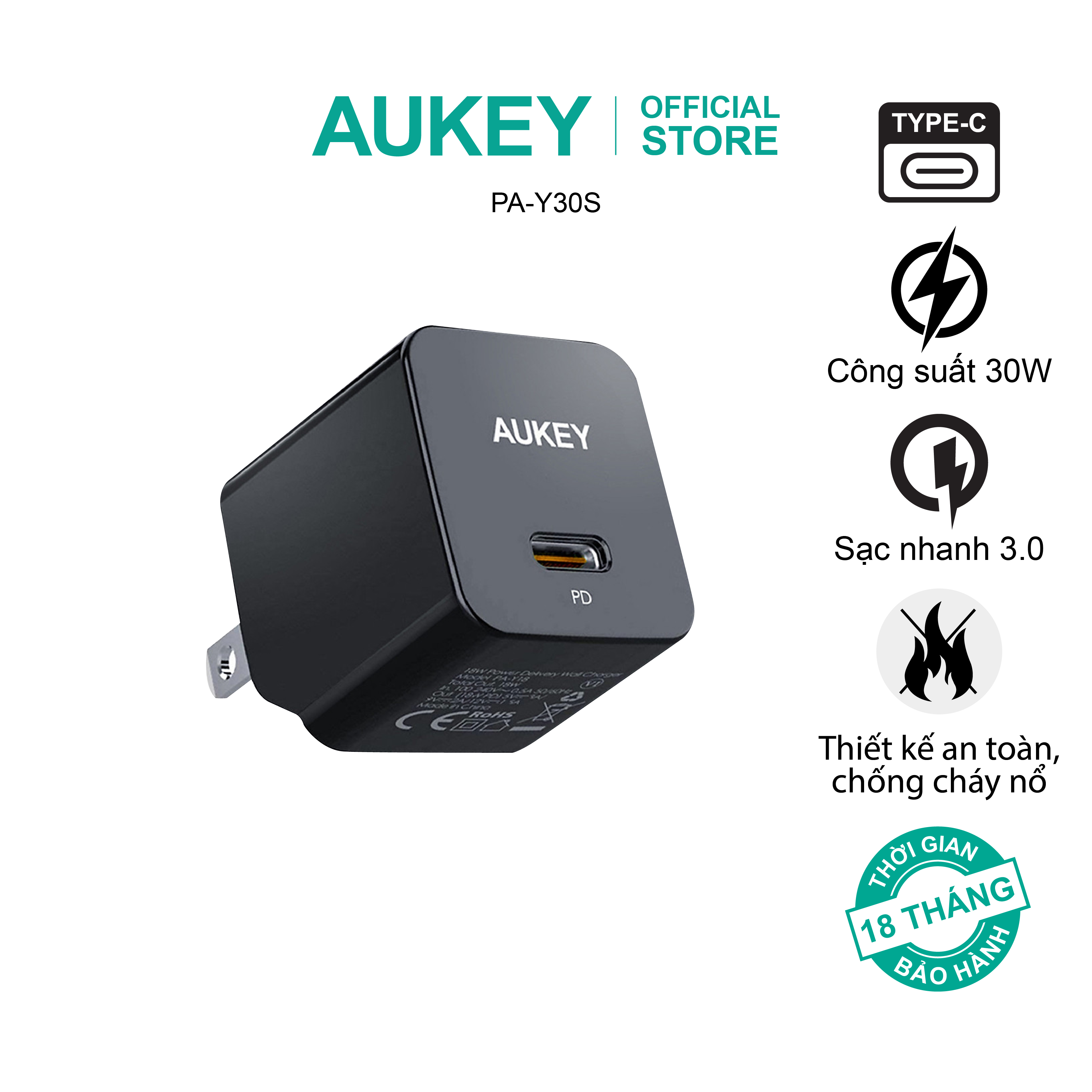 Củ sạc nhanh USB C Aukey PD 30W PA-Y30s